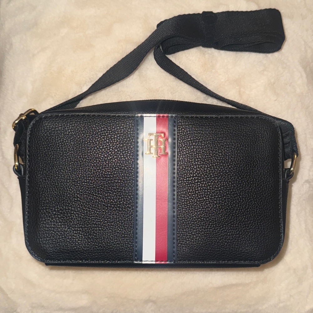 Tommy Hilfiger Black Crossbody Bag with Red and White Stripe